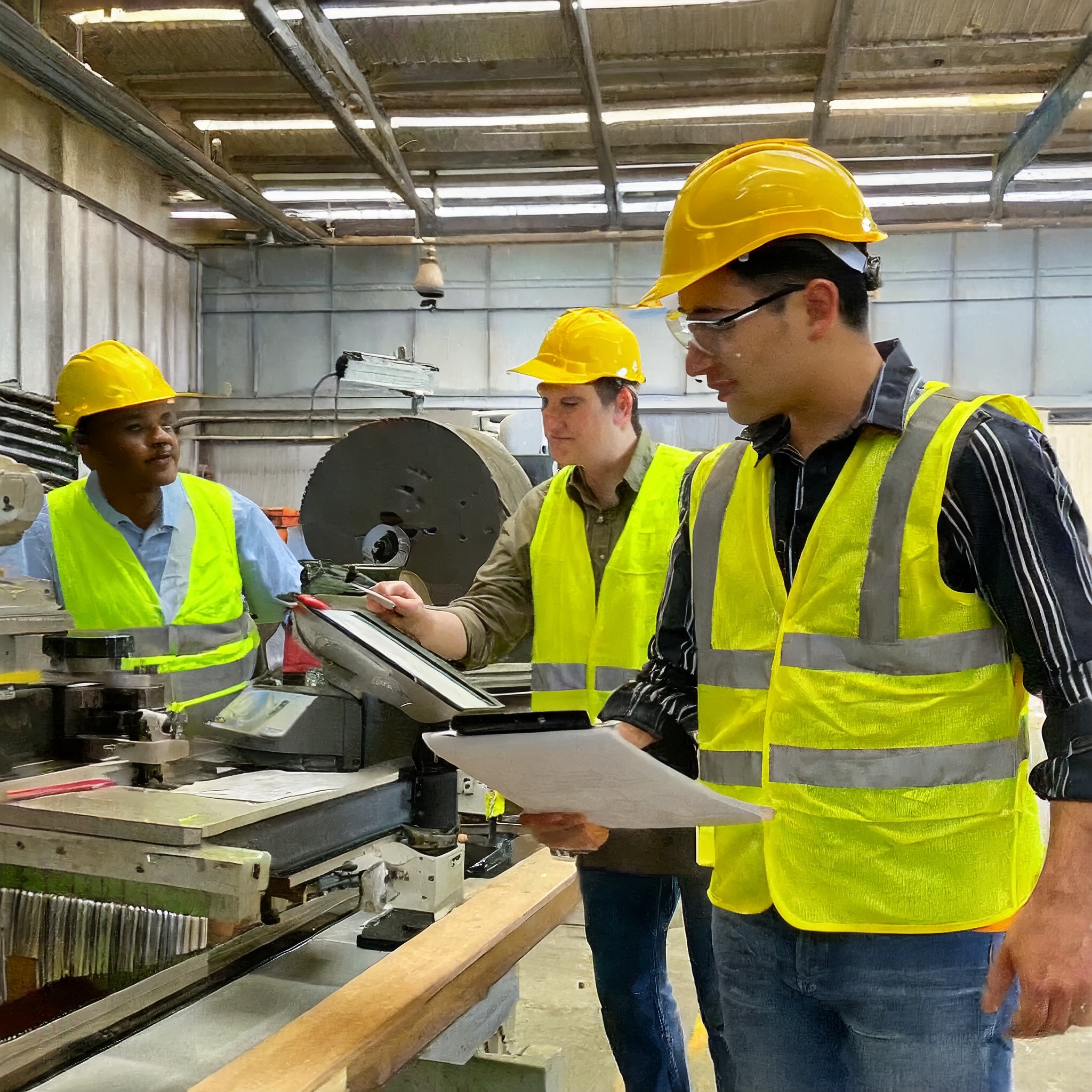 Three men in safety gear conducting a safety review