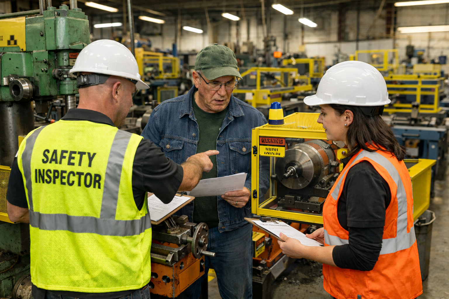 A man and woman in safety vests reviewing paperwork
